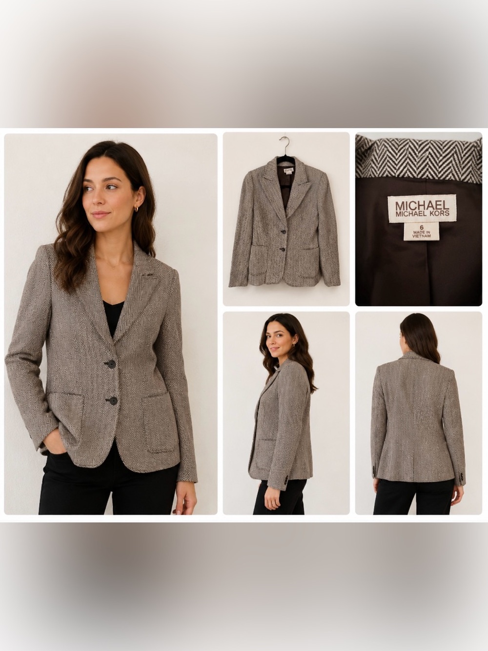 Michael Kors Taupe Herringbone Tailored Blazer